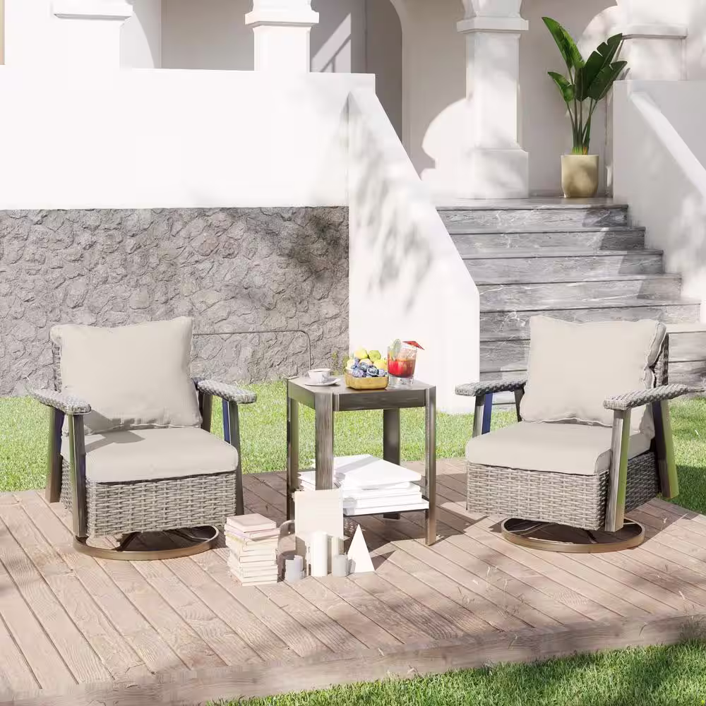 JOYSIDE 3-Piece Wicker Patio Swivel Rocking Chair Conversation Set with Beige Cushions