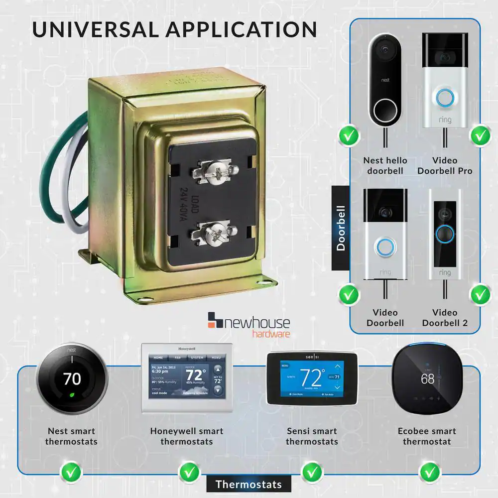Newhouse Hardware Wired 24V 40vA Doorbell Transformer for Powering Multiple Smart Doorbells and Thermostats