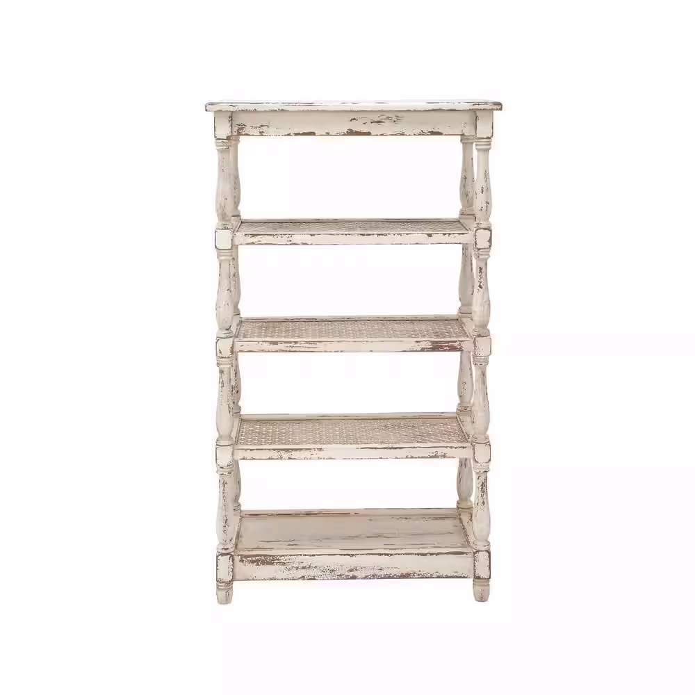 Litton Lane 5 Shelf Wood Stationary White Distressed Open Shelving Unit with Spindle Sides and Mesh