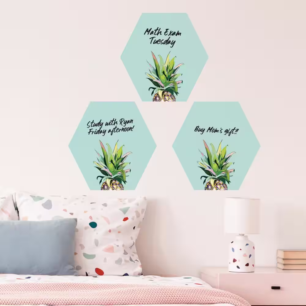 RoomMates Teal and Yellow and Green Pineapple Crown Dry Erase Hexagon Wall Decals
