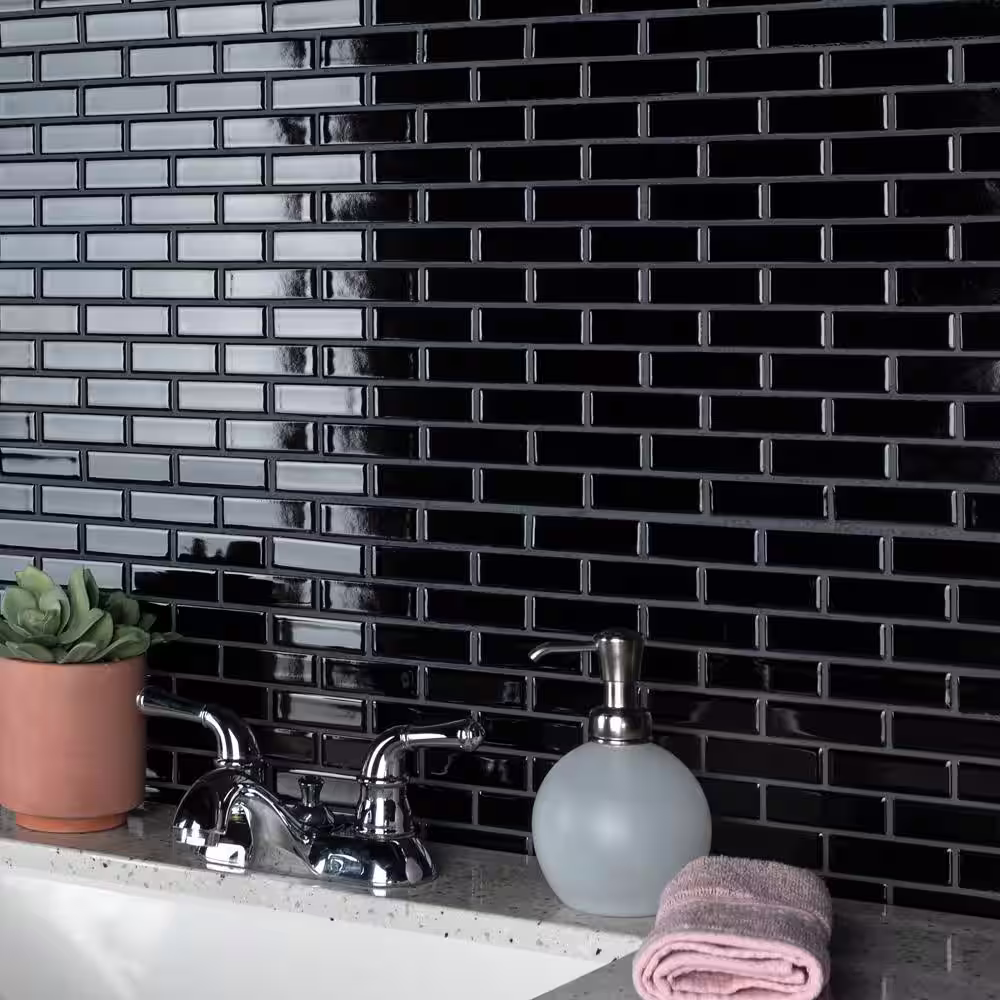 Merola Tile Metro Brick Subway Glossy Black 11-1/2 in. x 11-3/4 in. Porcelain Mosaic Tile (9.6 sq. ft./Case)