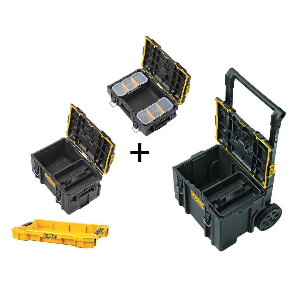 DEWALT TOUGHSYSTEM 2.0 22 in. Small Tool Box, 22 in. Large Tool Box, 24 in. Mobile Tool Box, and Shallow Tool Tray