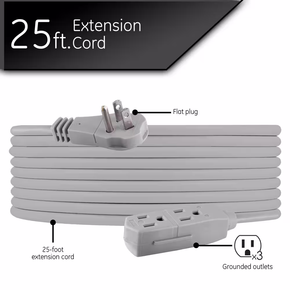 GE 25 ft. 16/3 3-Outlet Office Extension Cord with Low-Profile Flat Plug, Gray