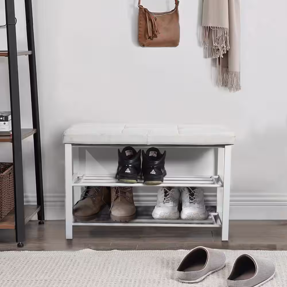 Homy Casa 20.5 in. H 32.3 in. W White Metal Shoe Storage Bench