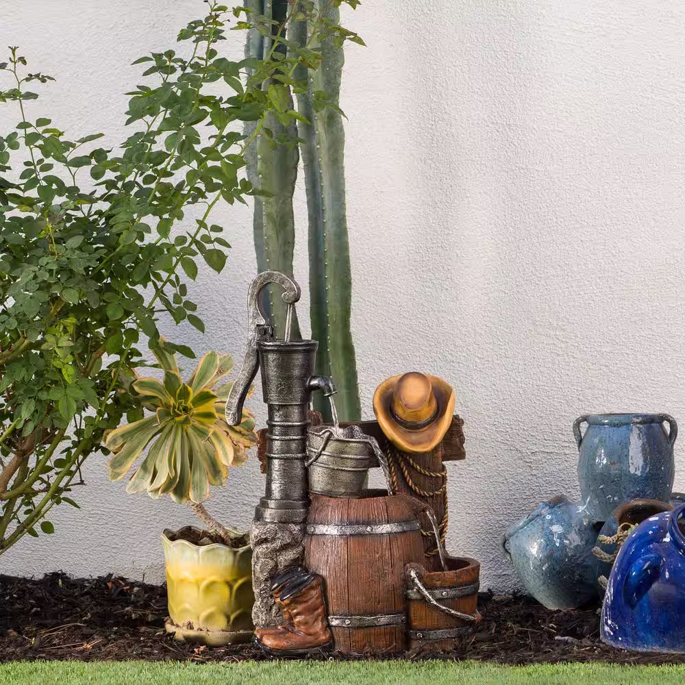Alpine Corporation 26 in. Tall Outdoor Vintage Pump and Barrel with Cowboy Hat Fountain Yard Art Decor