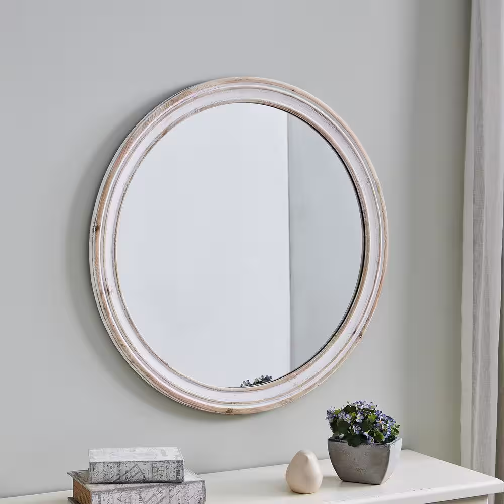 FirsTime & Co. Medium Round Aged White Contemporary Mirror (30 in. H x 1 in. W)