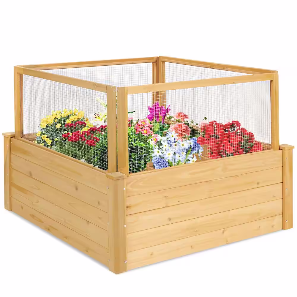 Costway Wood Raised Garden Bed Wooden Garden Box with 9 Grids and Critter Guard Fence