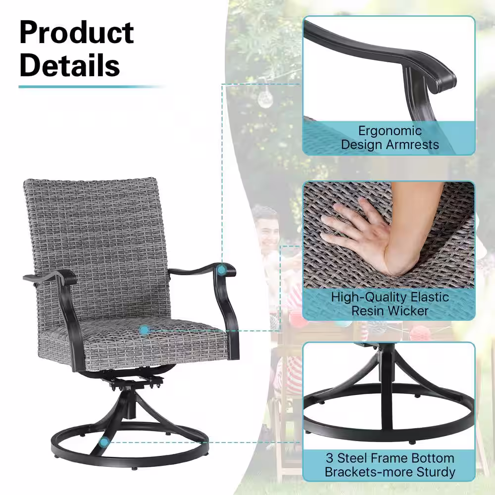 None 7-Piece Wicker Outdoor Dining Set with Swivel Chairs and Steel Slat Table