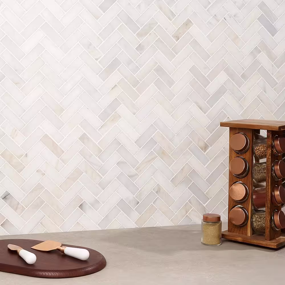 Ivy Hill Tile White Jade 11.92 in. x 12.79 in. Herringbone Polished Marble Mosaic Tile (1.06 sq. ft./Each)