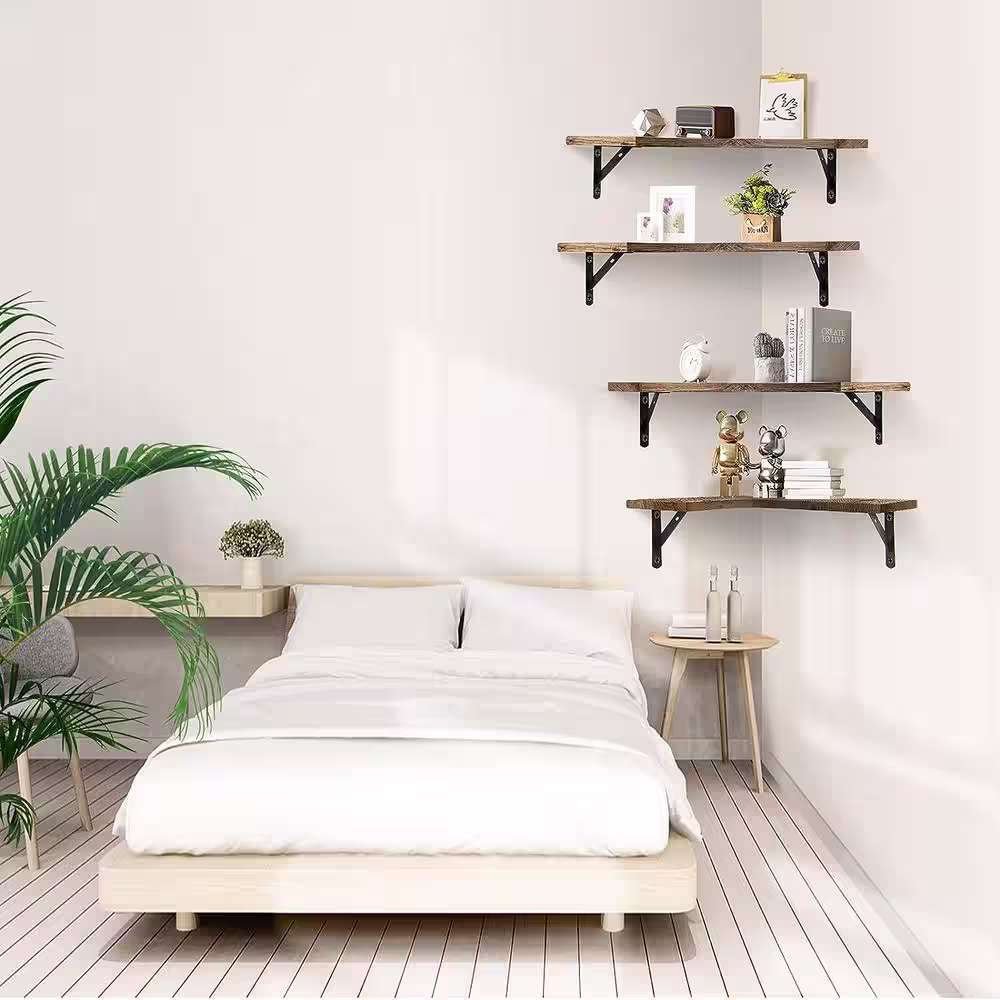 None 16 in. W x 11.4 in. D x 0.6 in. H Brown Wood Decorative Wall Shelf, Corner Floating Shelves