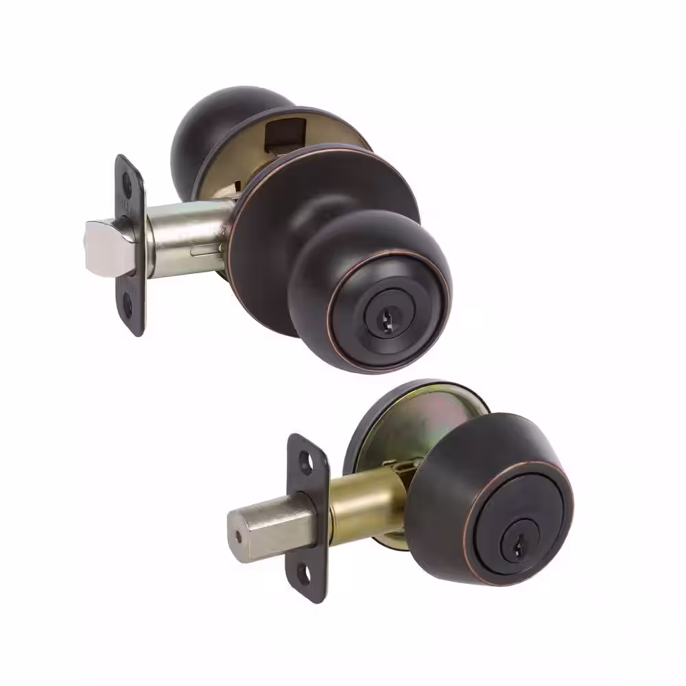 DELANEY HARDWARE 5-Fairfield Edged Oil Rubbed Bronze Rd Knob Entry Door Locks and 5-Edged Oil Rubbed Brz Sgl Cyl Deadbolts All Key Alike