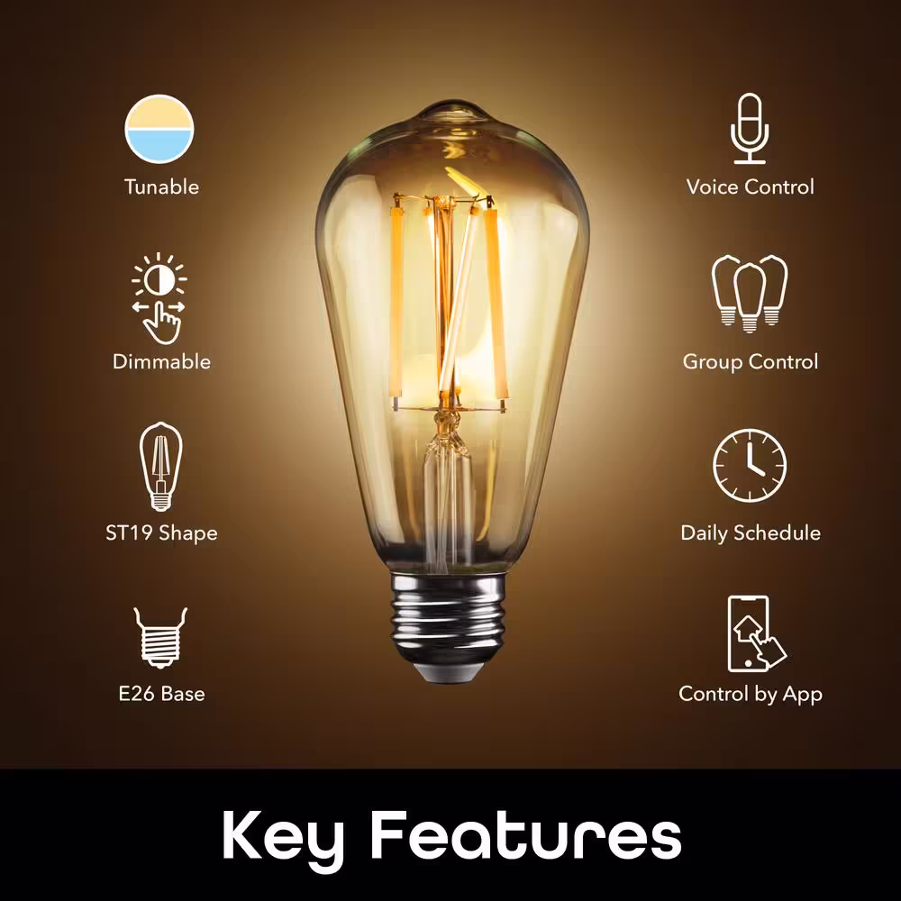 Geeni 60-Watt Equivalent Amber ST19 Dimmable Smart Edison Wi-Fi LED Light Bulb Tunable White 2700K-6500K (2-Pack)