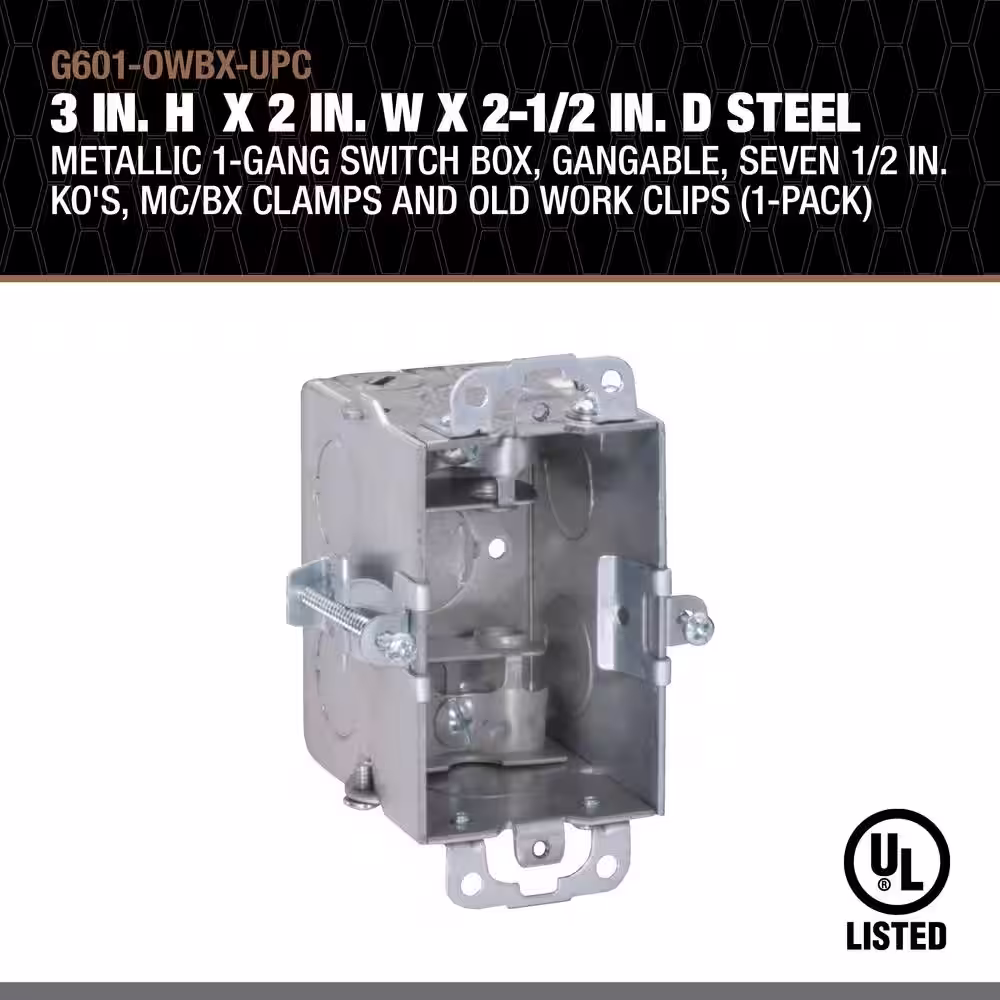 Southwire 3 in. H x 2 in. W x 2-1/2 in. D Steel Metallic 1 Gang Switch Box Seven 1/2 in. Ko MC/BX Clamp and Old Work Clip 1 Pack