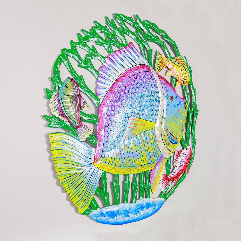 None Tropical Fish in Coral Haitian Steel Drum Wall Art