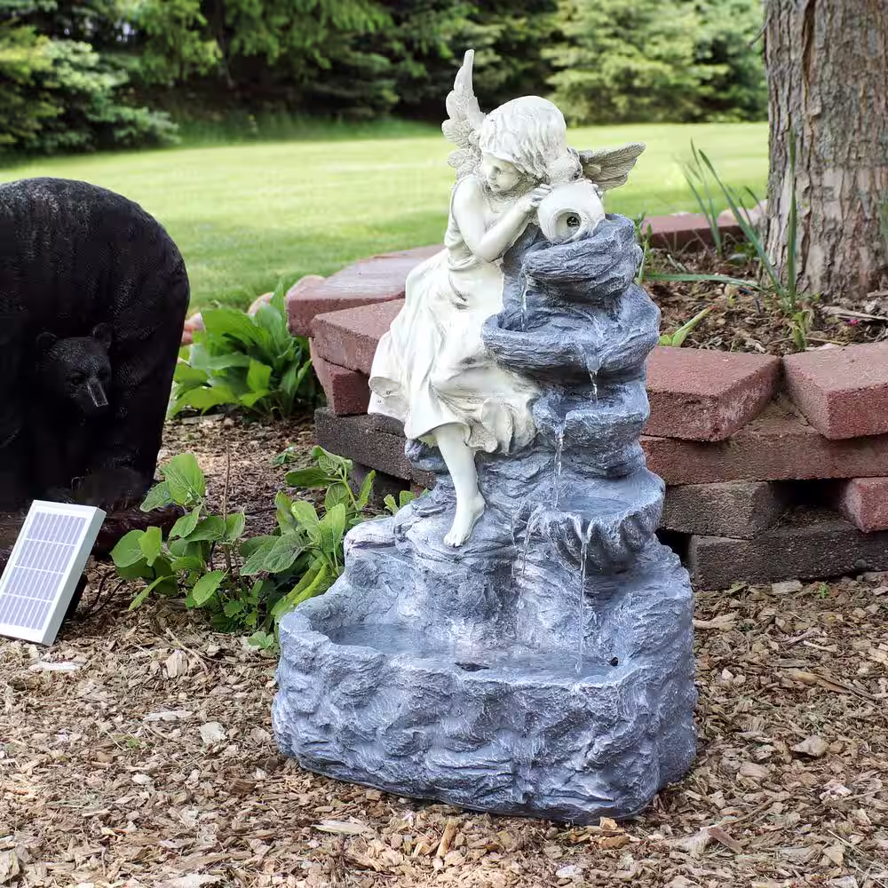 Sunnydaze Decor 29 in. Angel Falls Solar Cascading Water Fountain with Battery Backup and LED Light