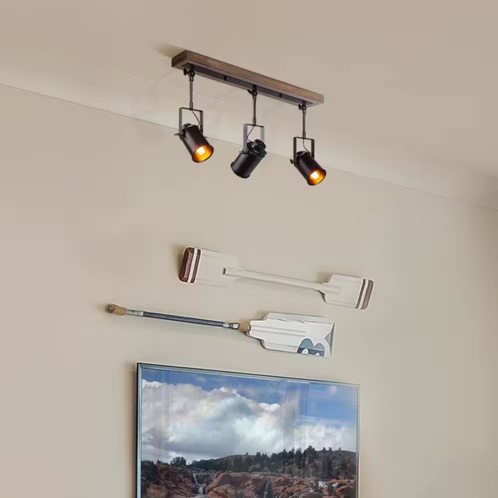 LNC Farmhouse 2 ft. 3-Light Texture Black Spotlights Track Lighting Kit Wood Canopy