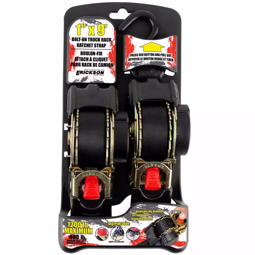 Erickson 1 in. x 9 ft. 1200 lbs. Bolt On Re-Tractable Ratchet Tie Downs Black (2-Pack)