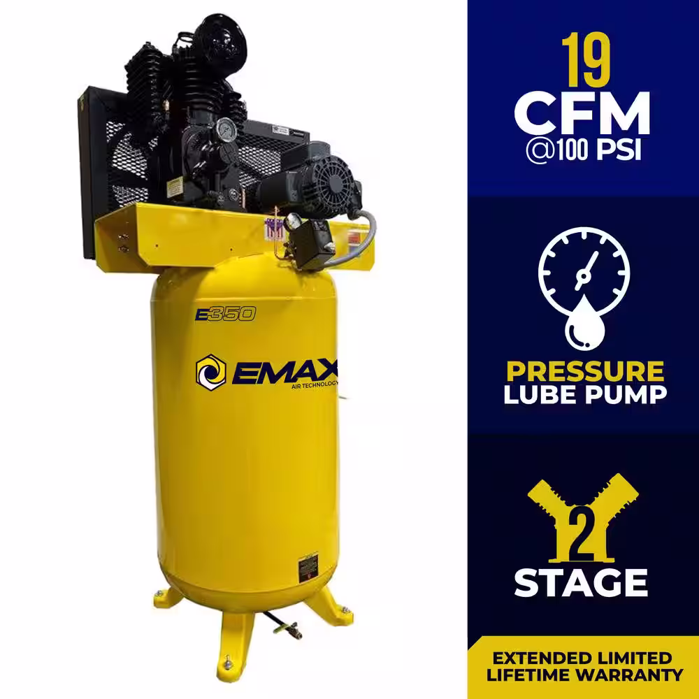 EMAX Industrial Series 80 Gal. 5 HP 1-Phase Electric Air Compressor with pressure lubricated pump