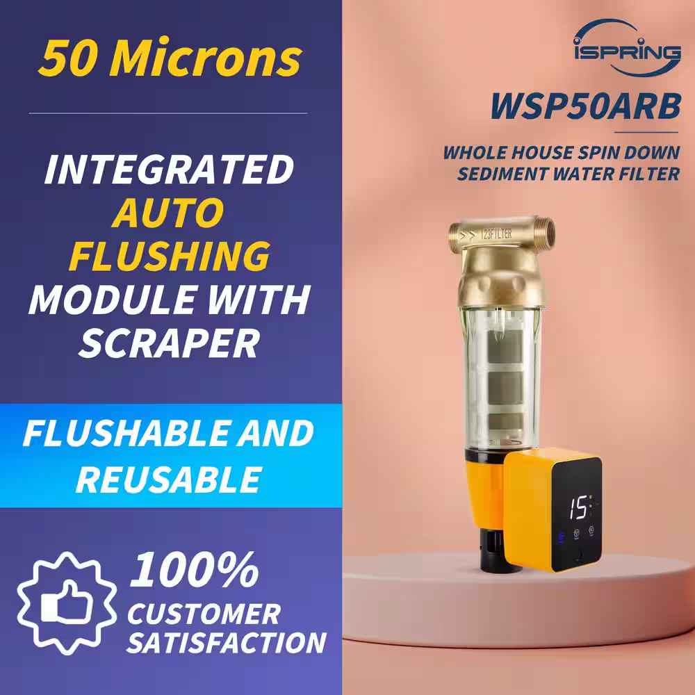 ISPRING Reusable 50 Micron Sediment Spin-Down Water Filter with Auto Flushing Module, 35 GPM, 1 in. MNPT, 3/4 in. FNPT
