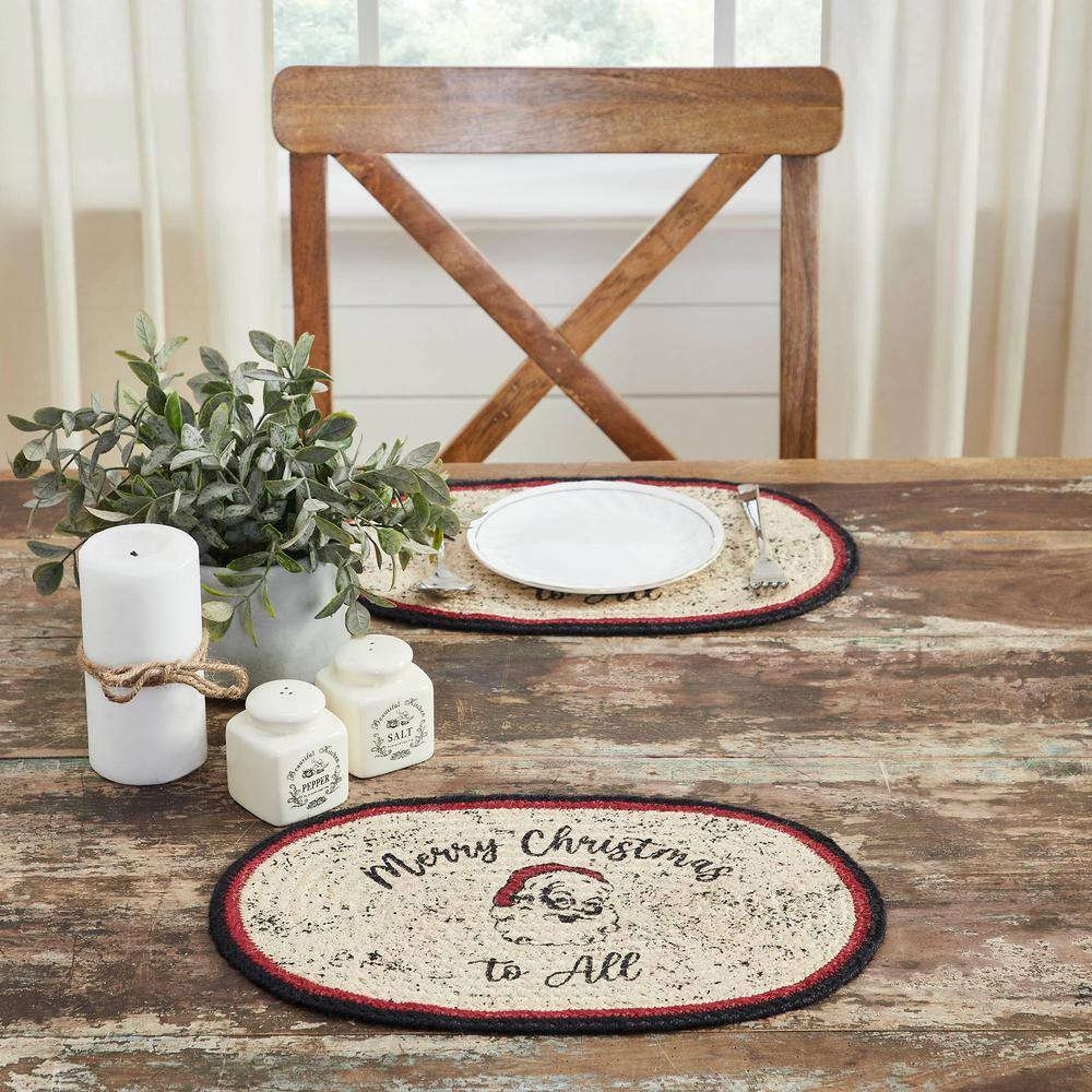 VHC Brands Jolly Ole Santa 10 in. x 15 in. Cream Red Black Jute Oval Placemat