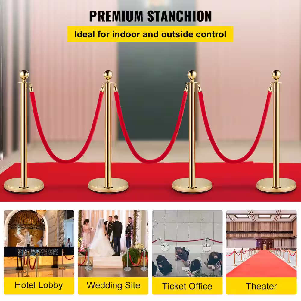 VEVOR Stanchion Posts Queue 4 Pack 38 Inch Red Velvet Rope stainless steel Crowd Control Barriers with Sturdy Rubber Base,Gold