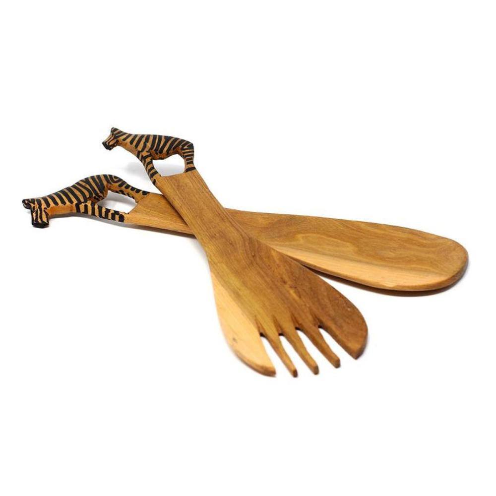 None 2-pieces African Zebra Wood Salad Serving Set