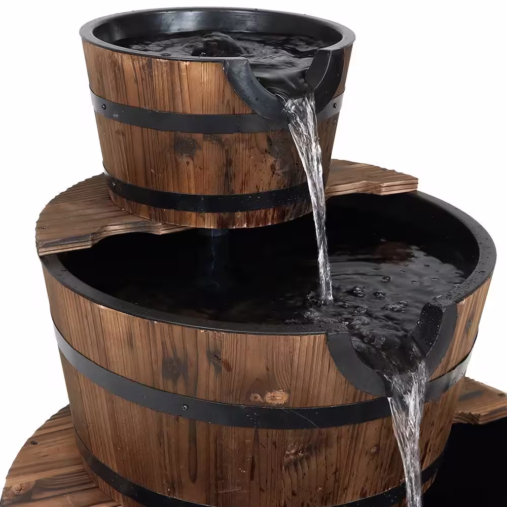 Sunnydaze Decor 30 in. 3-Tier Rustic Wood Barrel Outdoor Water Fountain
