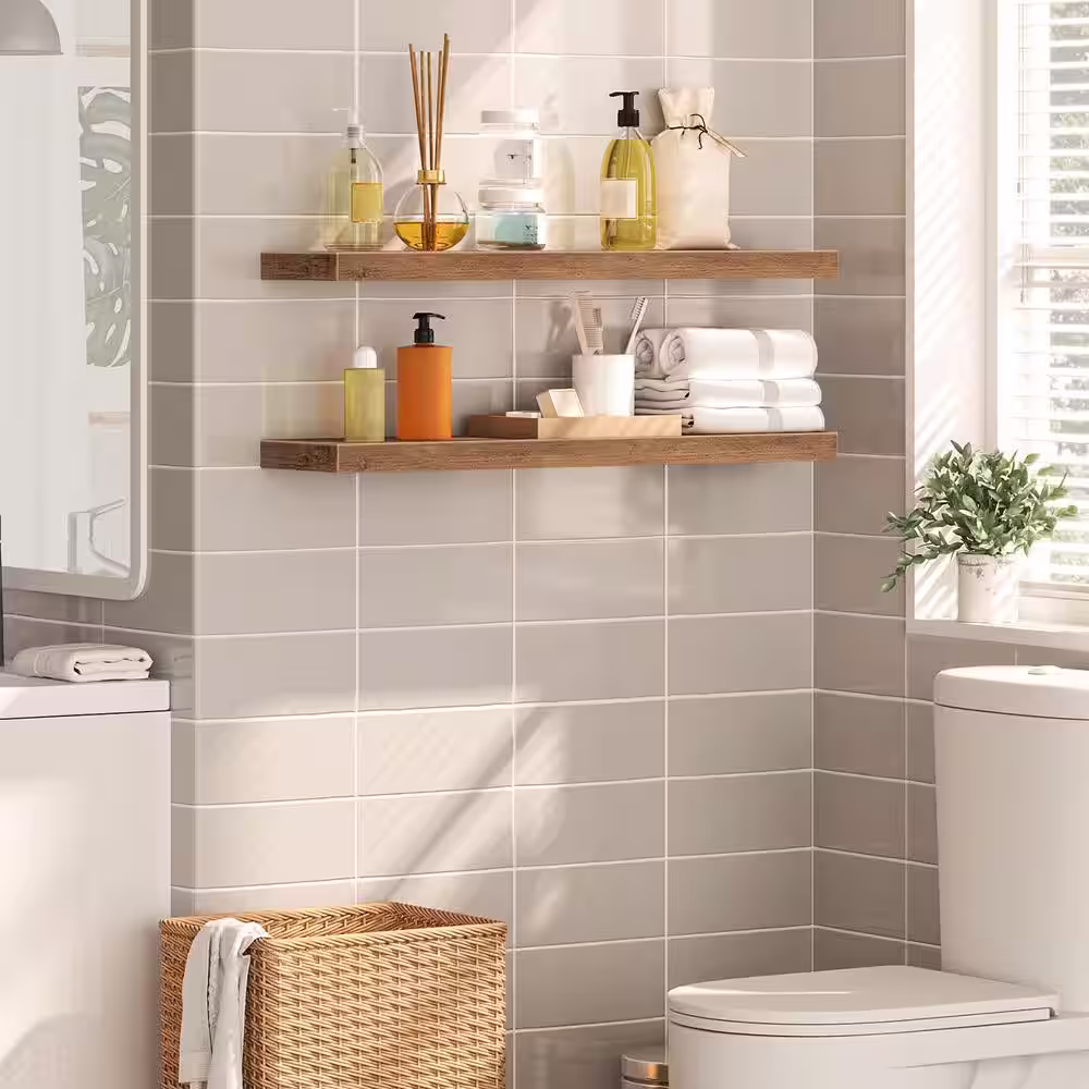 None 1.5 in. x 31.5 in. x 7.9 in. Brown Wood Decorative Wall Shelves (Set of 2)