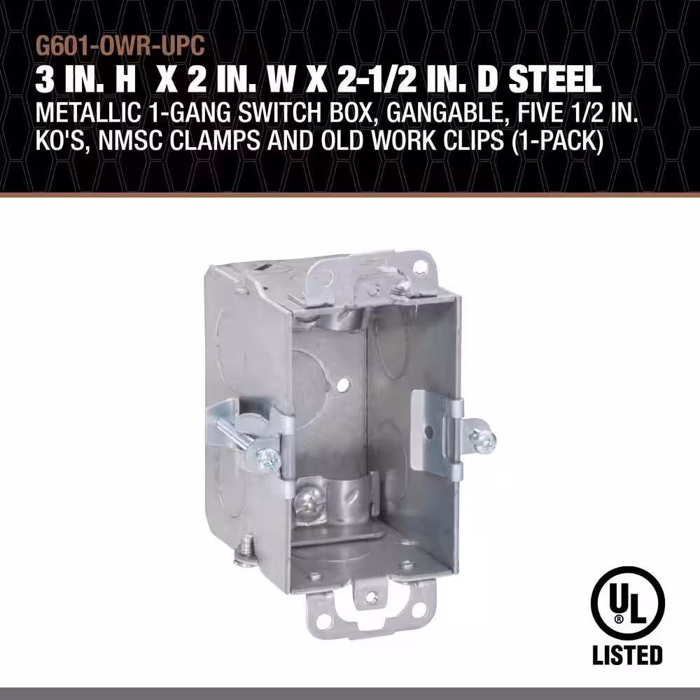 Southwire 3 in. H x 2 in. W x 2-1/2 in. D Steel Metallic 1-Gang Switch Box Five 1/2 in. Ko NMSC Clamps and Old Work Clips 1-Pack
