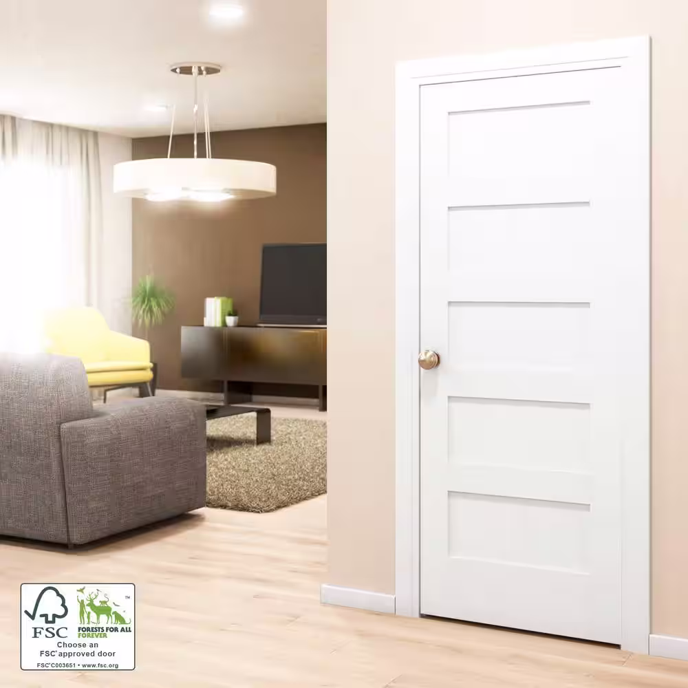 eightdoors 30 in. x 80 in. x 1-3/8 in. Shaker White Primed 5-Panel Solid Core Wood Interior Slab Door