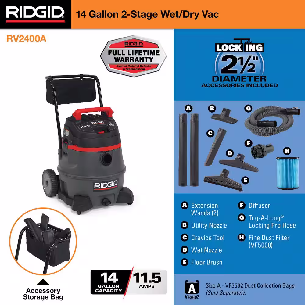 RIDGID 14 Gallon 2-Stage Commercial Wet/Dry Shop Vacuum with Fine Dust Filter, Professional Locking Hose and Accessories