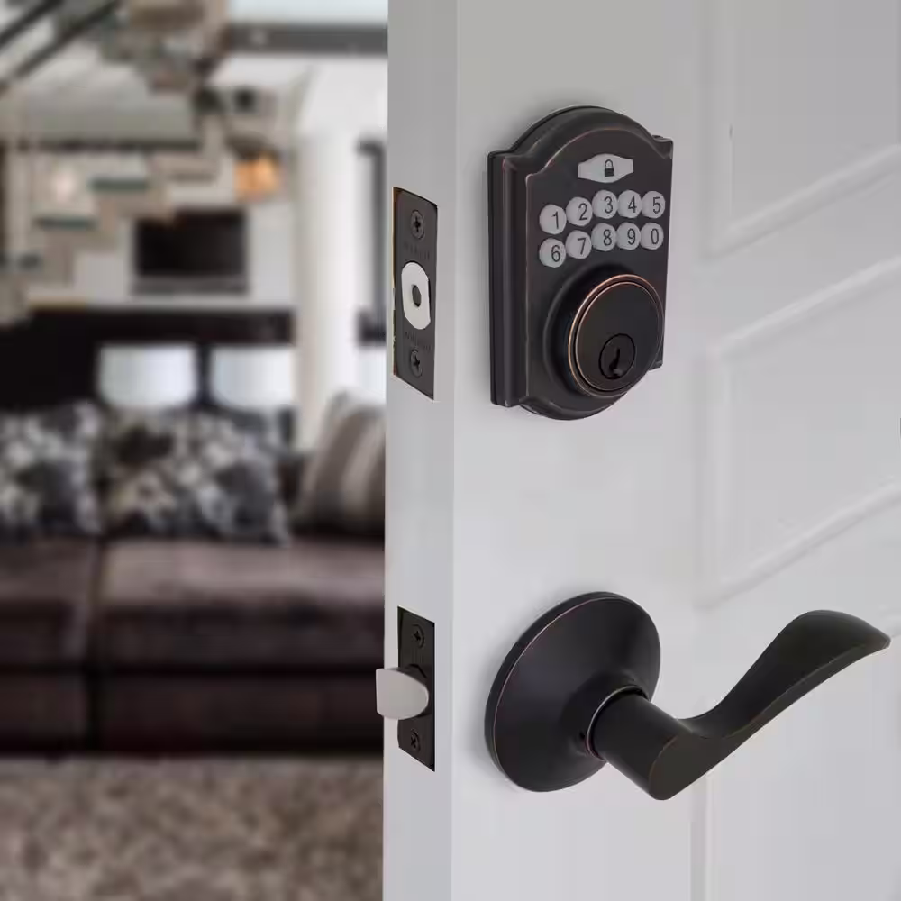 Defiant Castle Aged Bronze Electronic Single Cylinder Deadbolt with Naples Handle Combo Pack