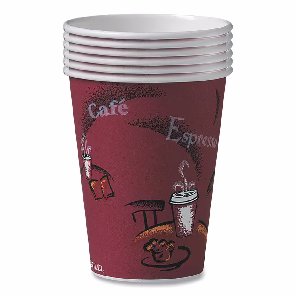 DART Solo 12 oz. Maroon Disposable Paper Cups, Hot Drinks, Bistro Design, 300 / Carton