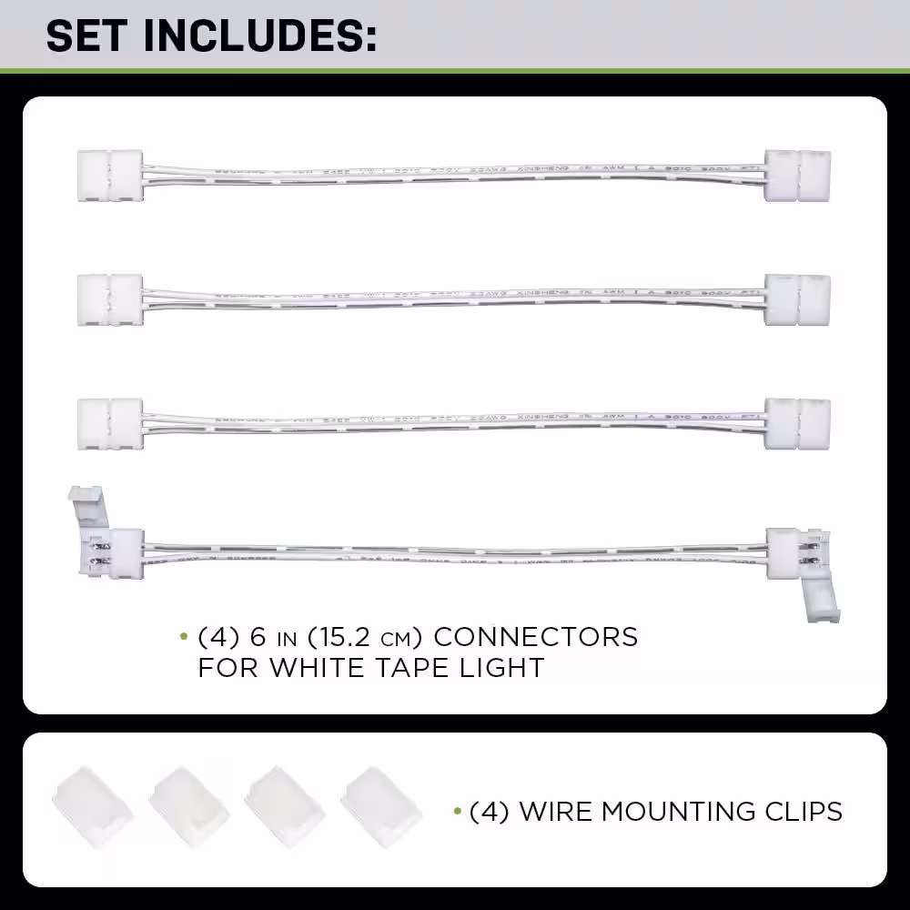 Commercial Electric 6 in. White Connector Cord LED Strip Light Connector Pack (4 x 6 in. Snap Connectors, 4 Wire Mounting Clips)