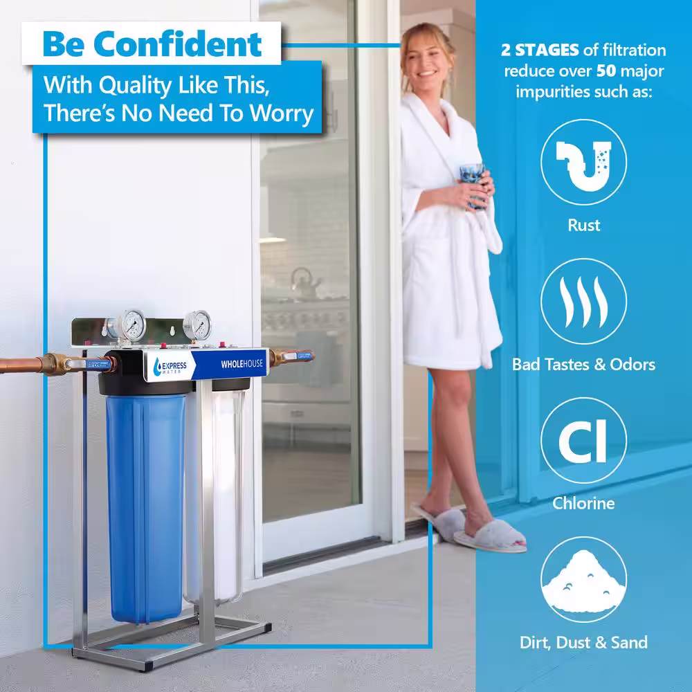Express Water 2-Stage Whole House Water Filtration System - Sediment and Carbon Filter, Pressure Gauge, Easy Release, 1 in. Connection