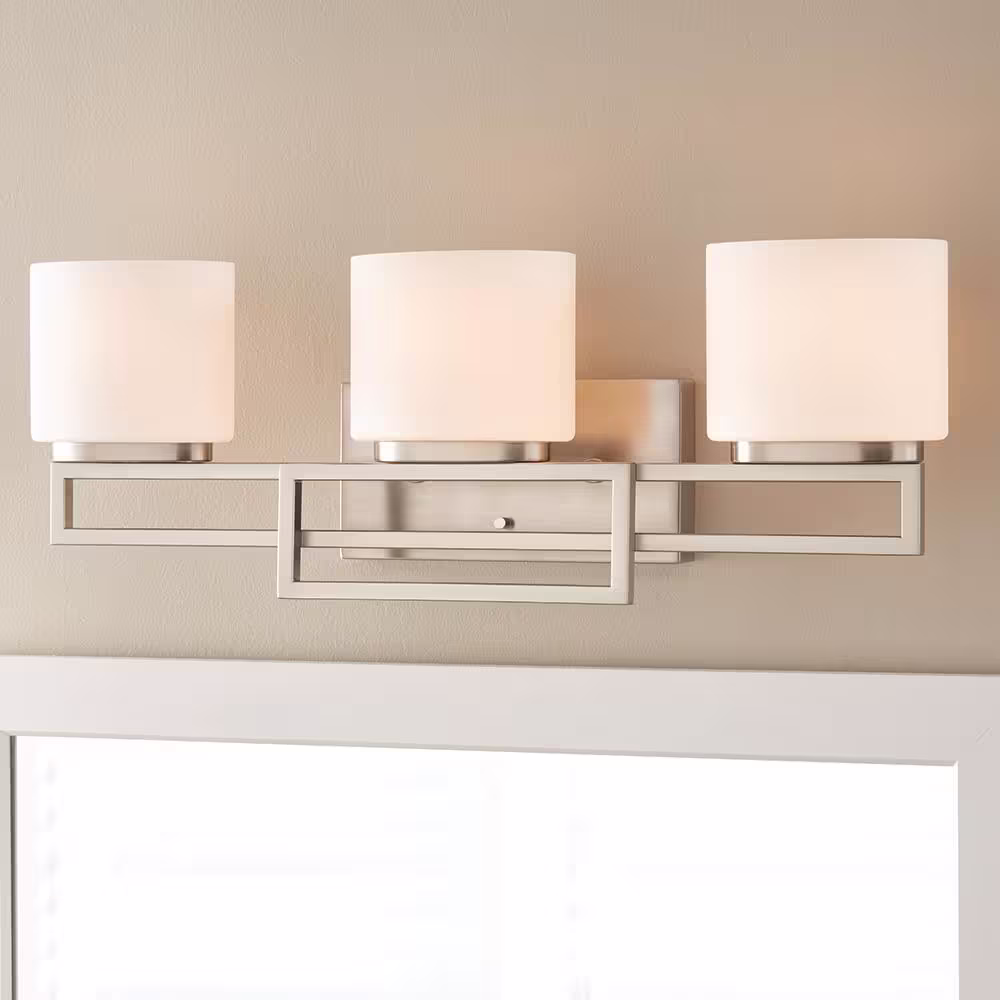 Home Decorators Collection Tustna 3-Light Brushed Nickel Bathroom Vanity Light with Opal Glass Shades
