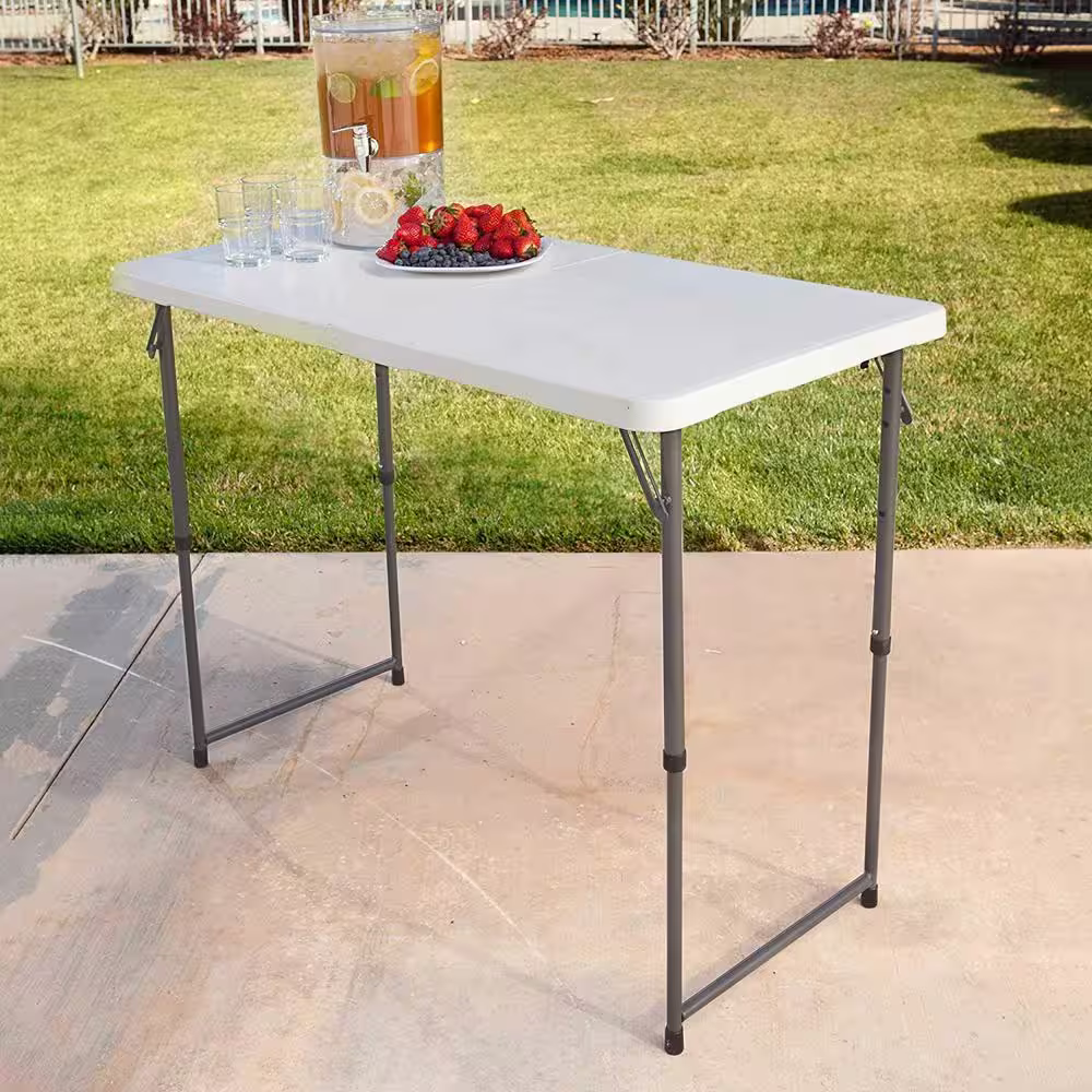 SKONYON 4 ft. White Adjustable Height Fold-in-Half Plastic Outdoor Picnic Folding Table