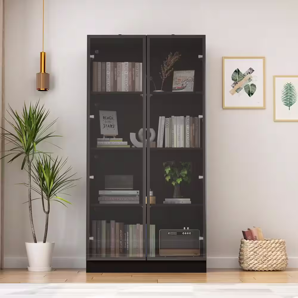 None 63 in. H x 31.5 in W Black Wood 3-Shelf Bookcase Bookshelf With 3-Color LED Lights and Tempered Glass Doors