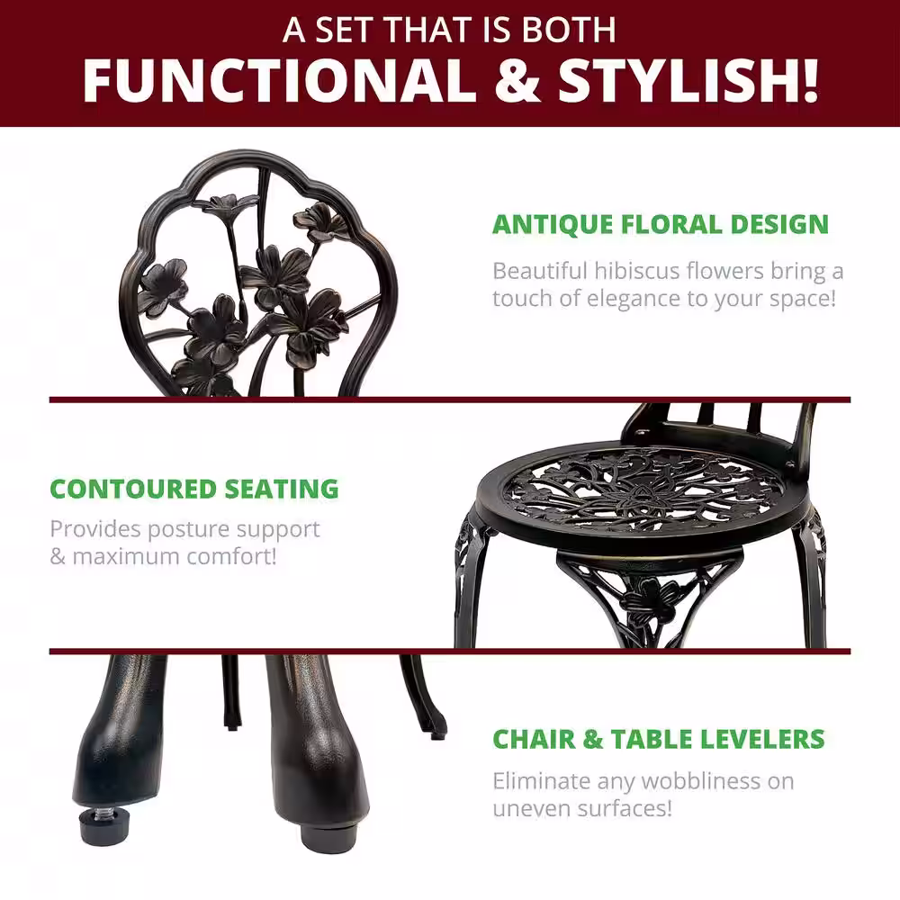 None Hibiscus 3-Piece Patio Bistro Table Set Cast Aluminum in Oil Rubbed Bronze Brown