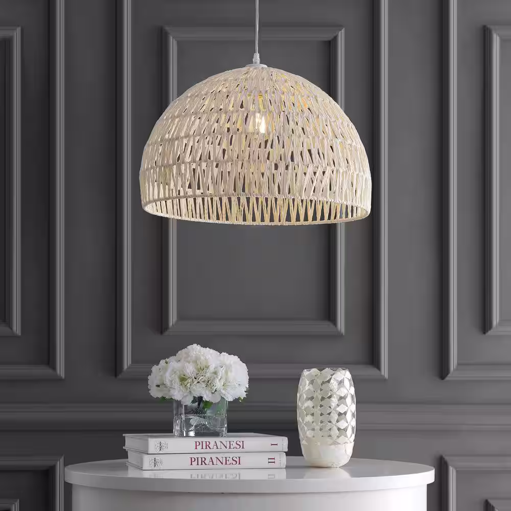 JONATHAN Y Campana 20 in. Woven Rattan Dome LED Pendant-Light, Cream
