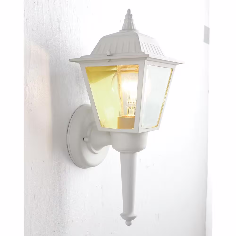 Hampton Bay 13.75 in. White 1-Light Outdoor Wall Lamp with Clear Beveled Glass Shade