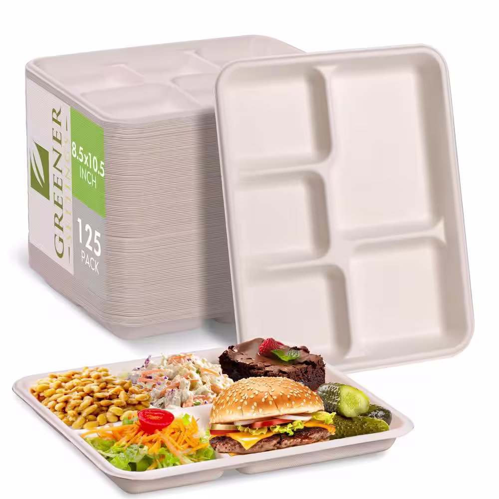 None 10.5 in. Unbleached Compostable Disposable Paper 5-Section Plate [125-Pack]