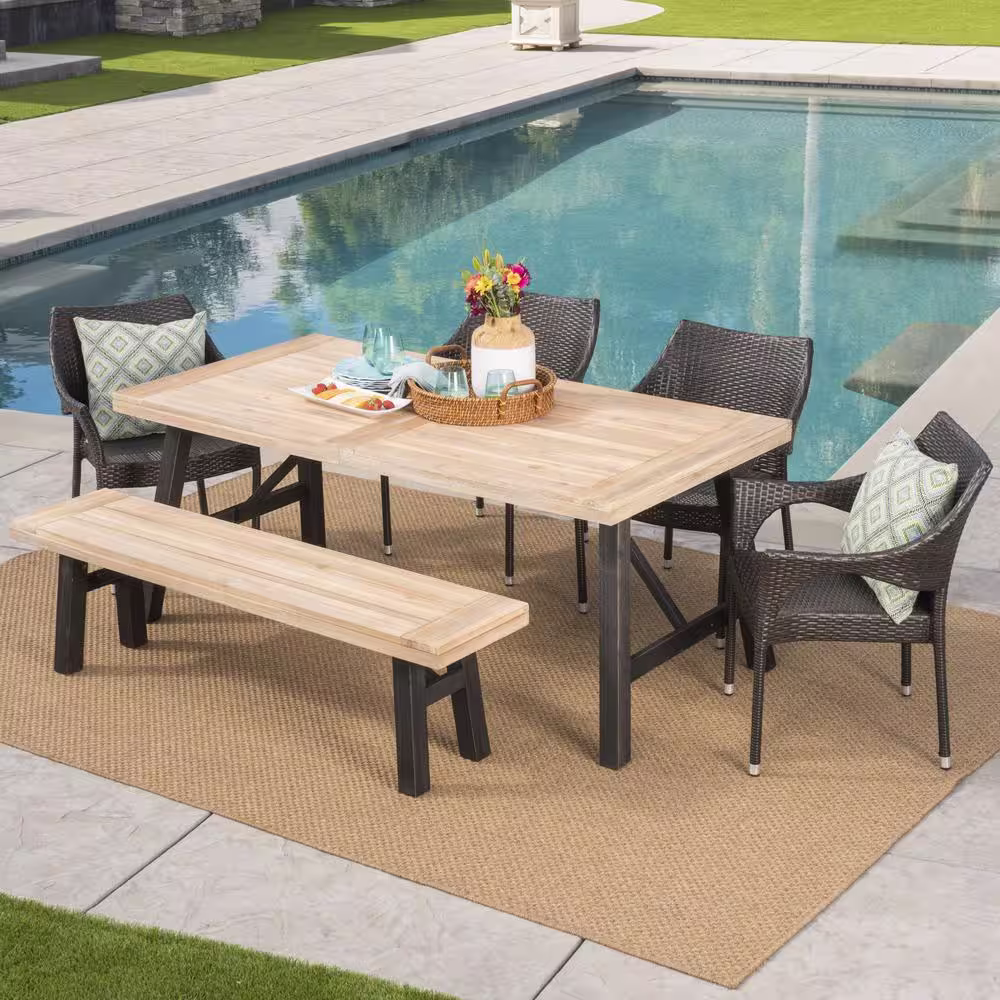 Noble House Coleman 6-Piece Wood and Faux Rattan Outdoor Dining Set with Stacking Chairs and Bench