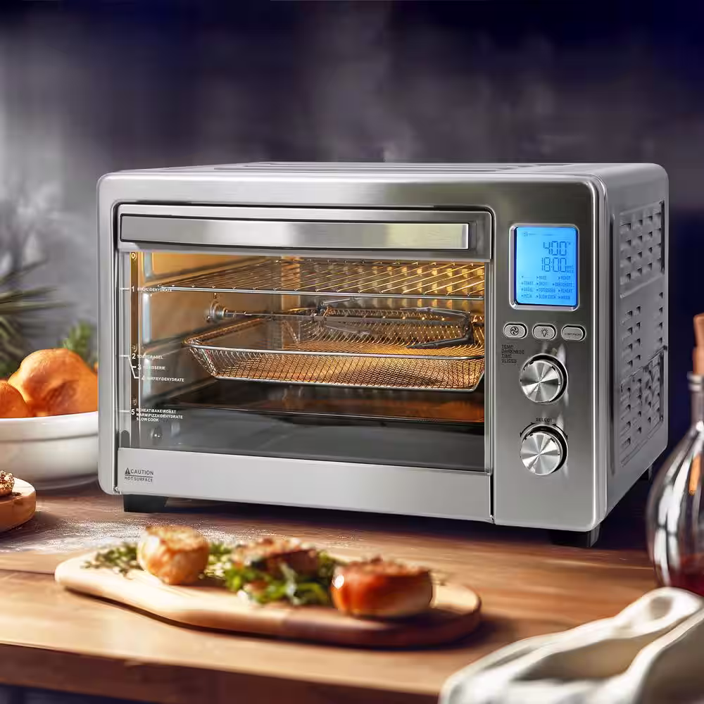None 34 qt. 1750W 6-Slice Stainless Steel Air Fryer Toaster Oven with Fry Basket, 12-Cook Modes and LCD Digital Screen