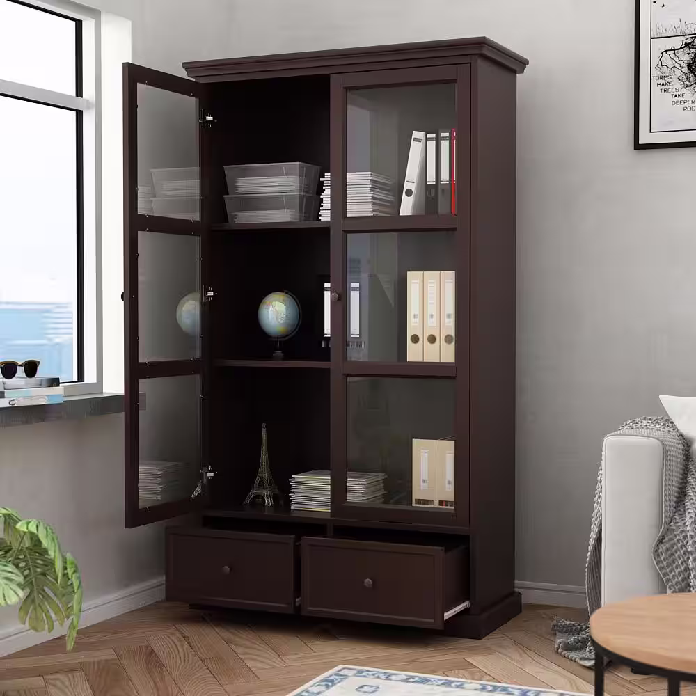 FUFU&GAGA 70.9 in. H Brown Wood 2-Acrylic Door Accent Cabinet with 3-Tier Shelves and 2-Drawers Storage Cabinet Bookshelf Cupboard