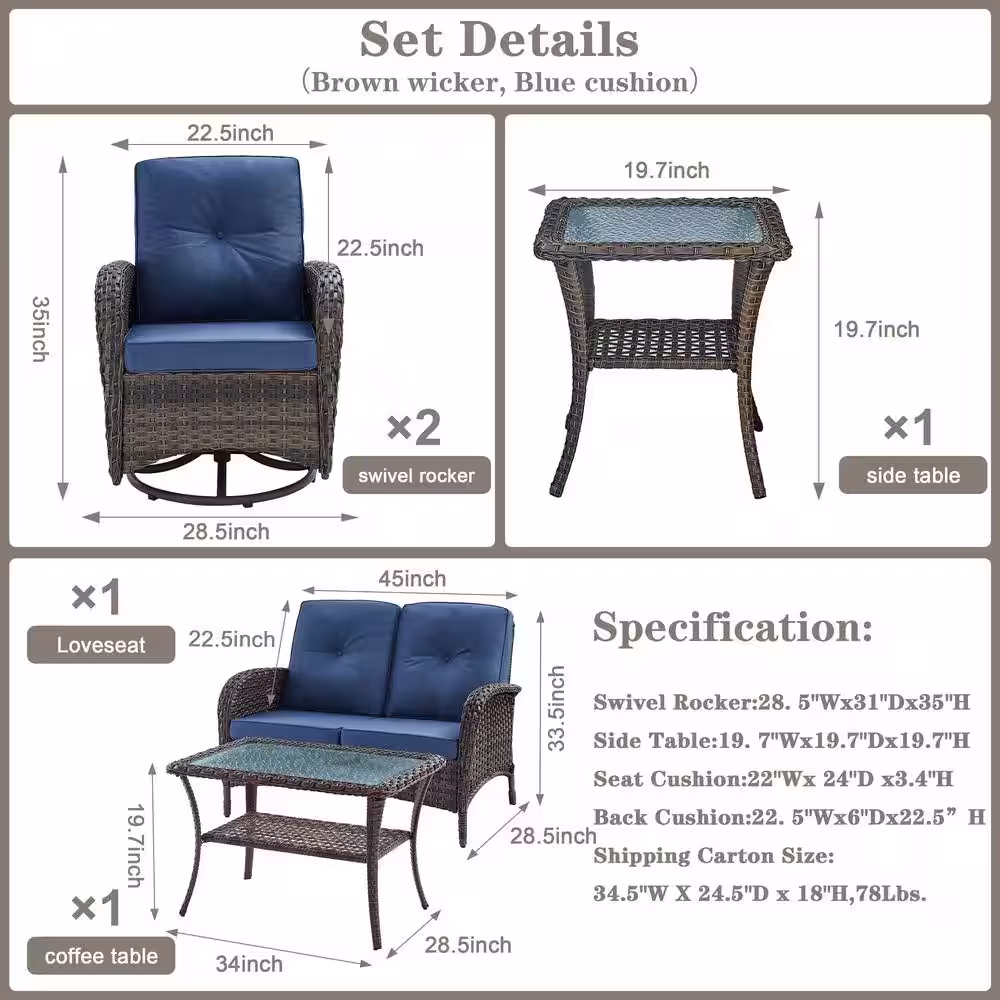 Pocassy 5-Pieces Flat armrest series Wicker Patio Conversation Deep Seating Set with Swivel Rocking Chairs and Cushions