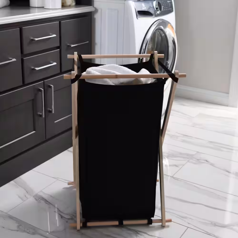 HOUSEHOLD ESSENTIALS X-Frame Wood Laundry Hamper Folding Wood Frame with Washable Poly-Cotton Bag