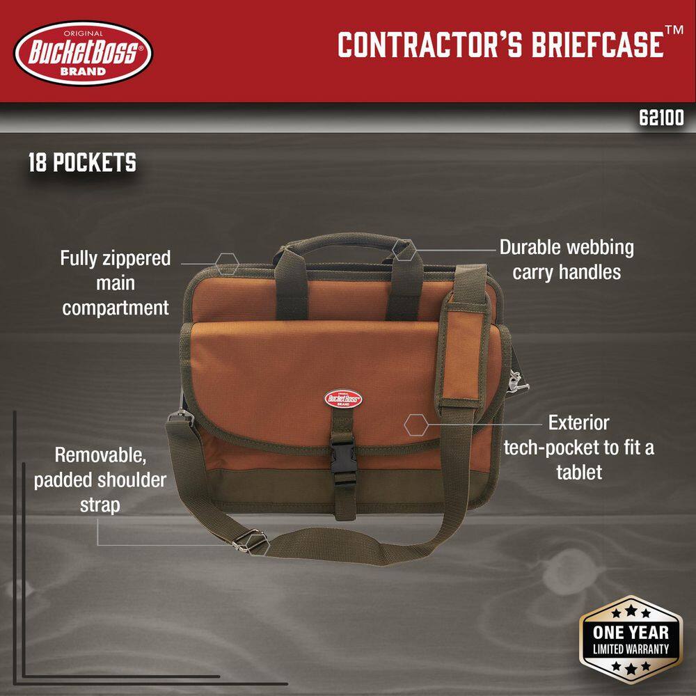 BUCKET BOSS Contractor's 16 in. Briefcase in Brown and Green with 18 total pockets