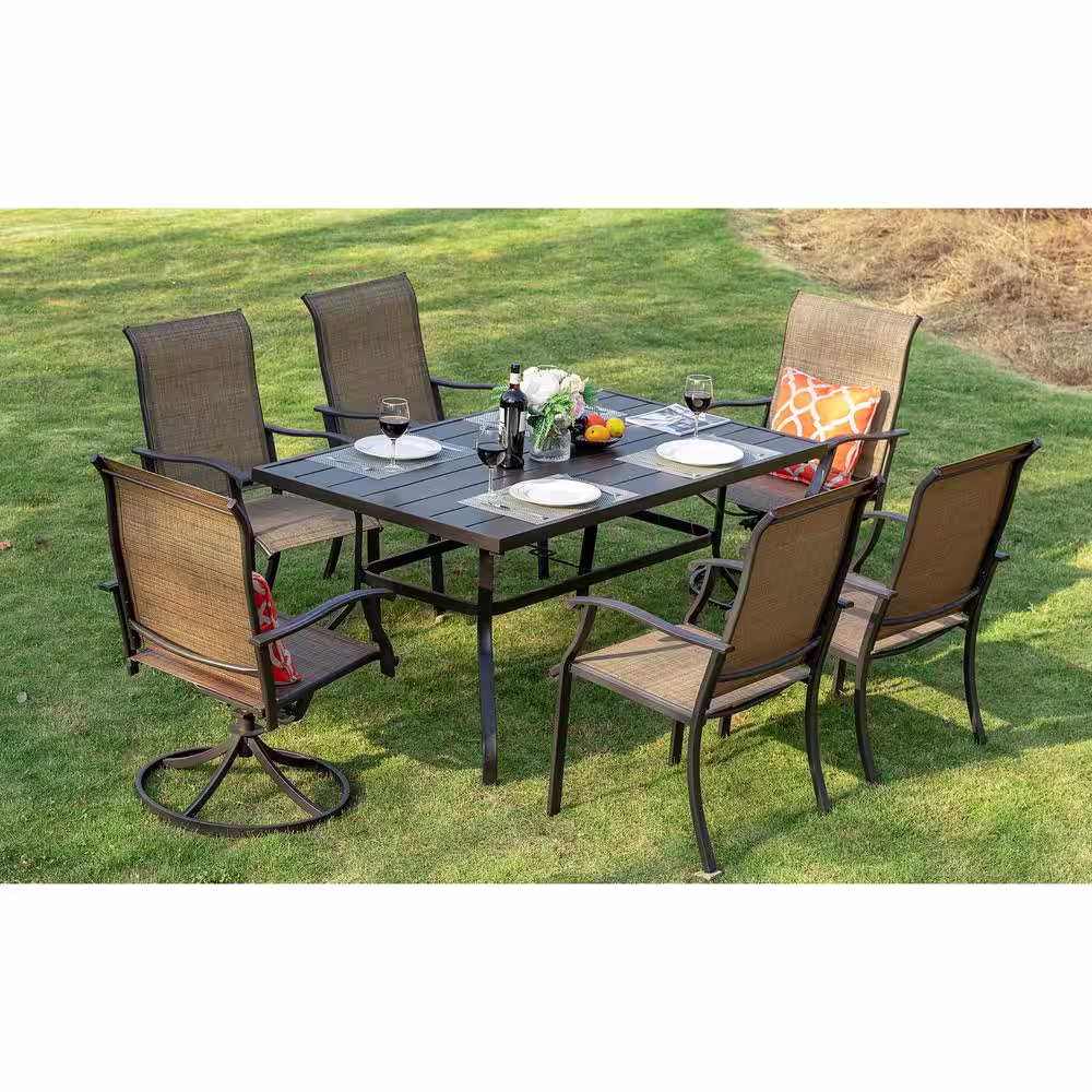 Nuu Garden Brown 7-Piece Steel Sling Outdoor Patio Dining Set with Rectangular Table and Swivel Dining Chairs