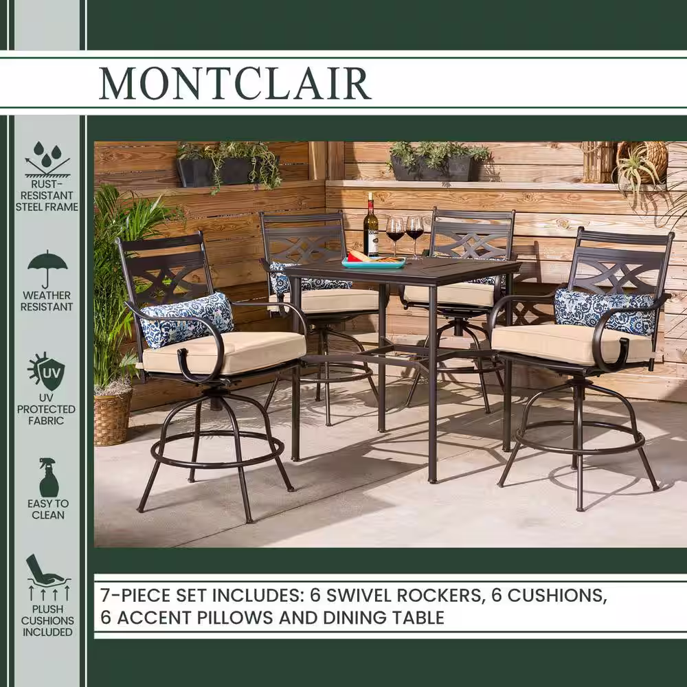 Hanover Montclair 7-Piece Steel Outdoor Dining Set with Country Cork Cushions Swivel Rockers and Dining Table